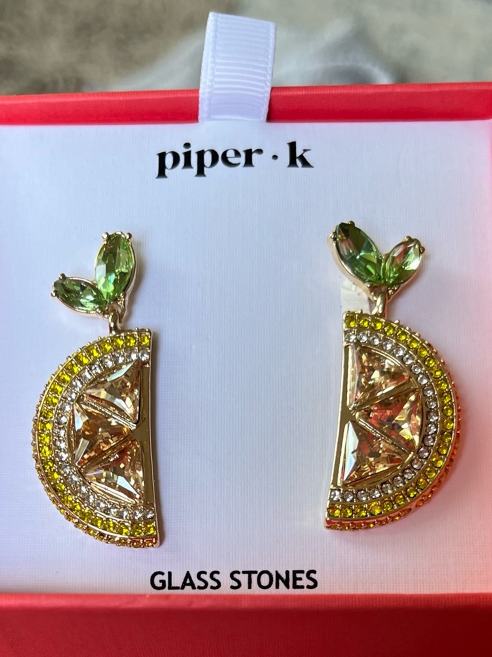 New Piper K Yellow and Green Lemon Slice Glass Stone Drop Earrings